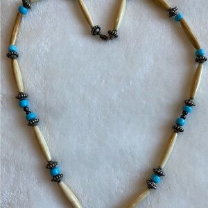 Stone (bone?) & faux turquoise beaded 28” Necklace Handmade